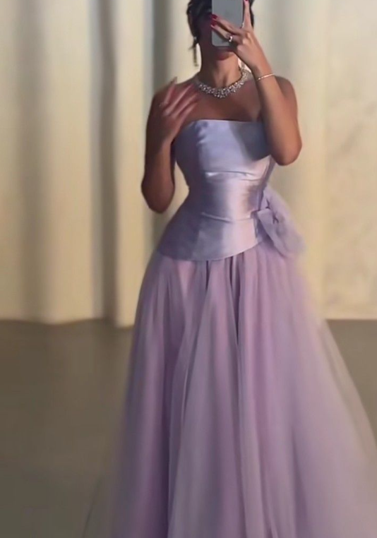 Sweet Strapless Lavender Satin Tulle A Line Long Birthday Party Dress Evening Dress