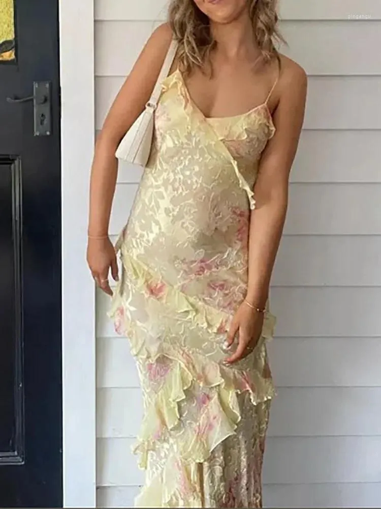 Charming Pink Print Chiffon Ruffles Party Evening Dress Long Prom Dress