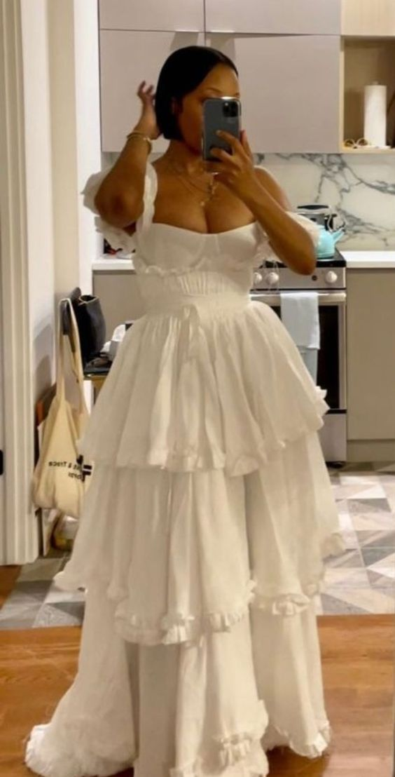 Elegant White Chiffon Ruffles Prom Dress Formal Wedding Dress Party Dress