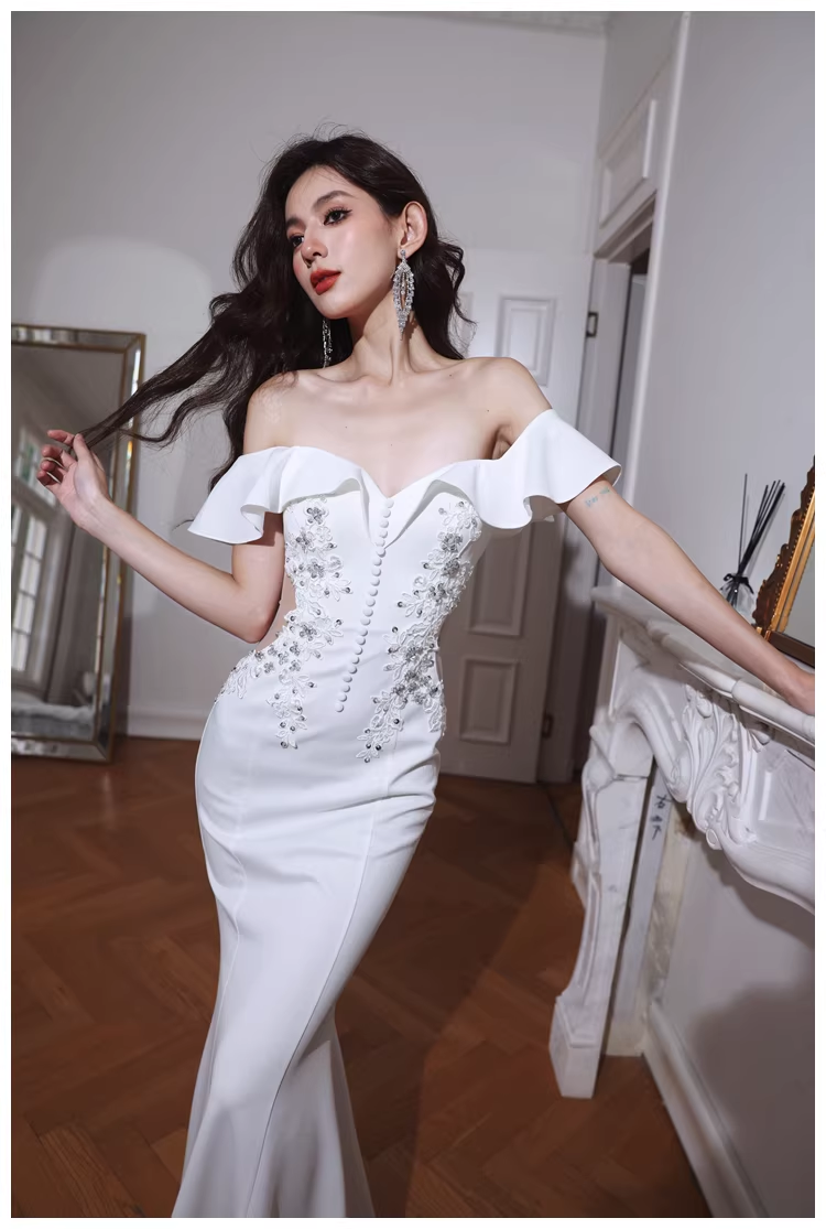 Elegant Off The Shoulder White Satin Appliques Mermaid Evening Dress Long Wedding Guest Dress