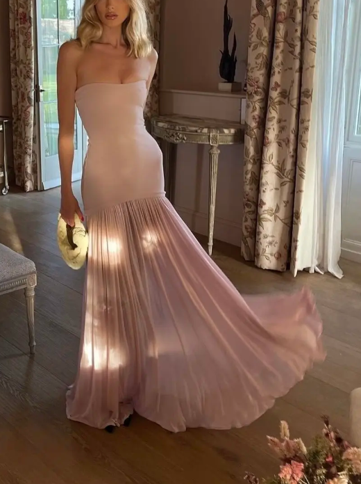 Pretty Pink Strapless Chiffon Birthday Party Dress Long Prom Dress