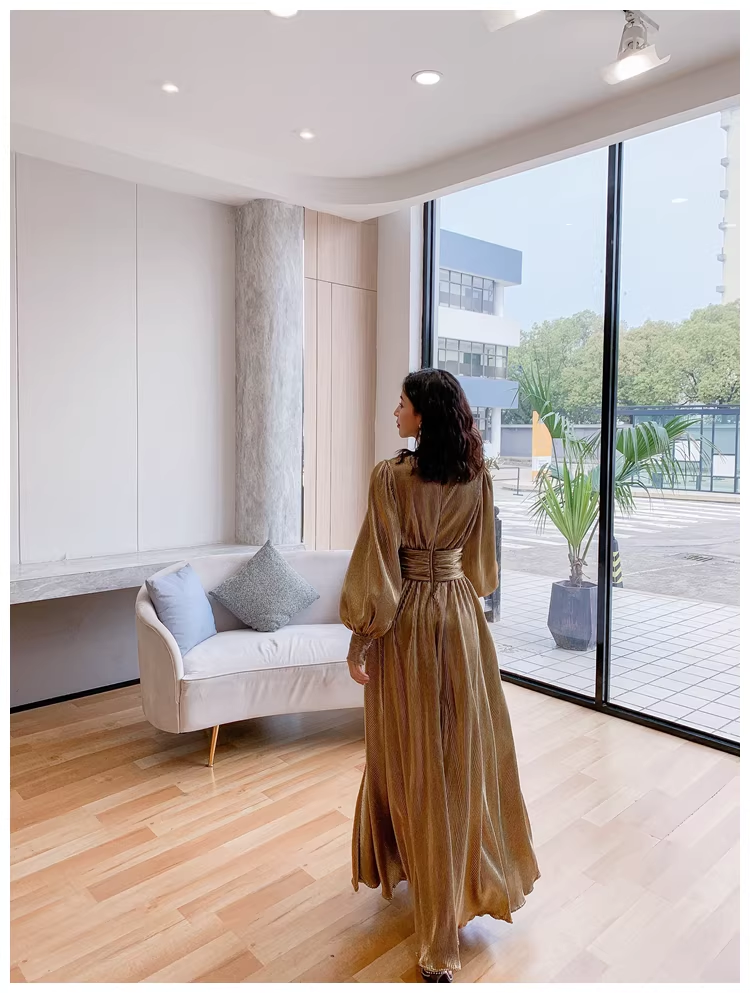 Unique Gold V Neck Satin Pleated Slit A Line Long Evening Dress Formal Wedding Guest Dress