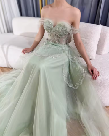 Off The Shoulder Tulle Beaded Evening Dress,Shiny Sage Green Prom Party Dress