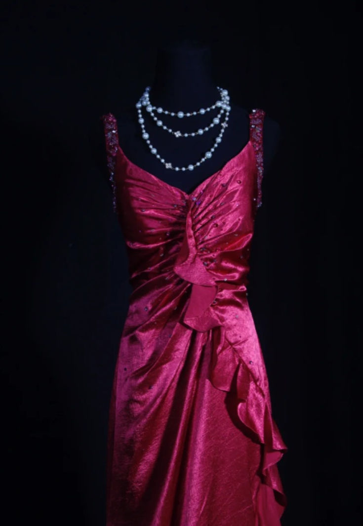 Pretty V Neck Hot Pink Satin Pleated Beaded Ruffles Mermaid Evening Dress Long Prom Dress