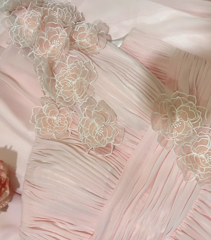 Classy Pink One Shoulder Chiffon Pleated Appliques Long Party Dress Prom Dress Formal Wedding Guest Dress
