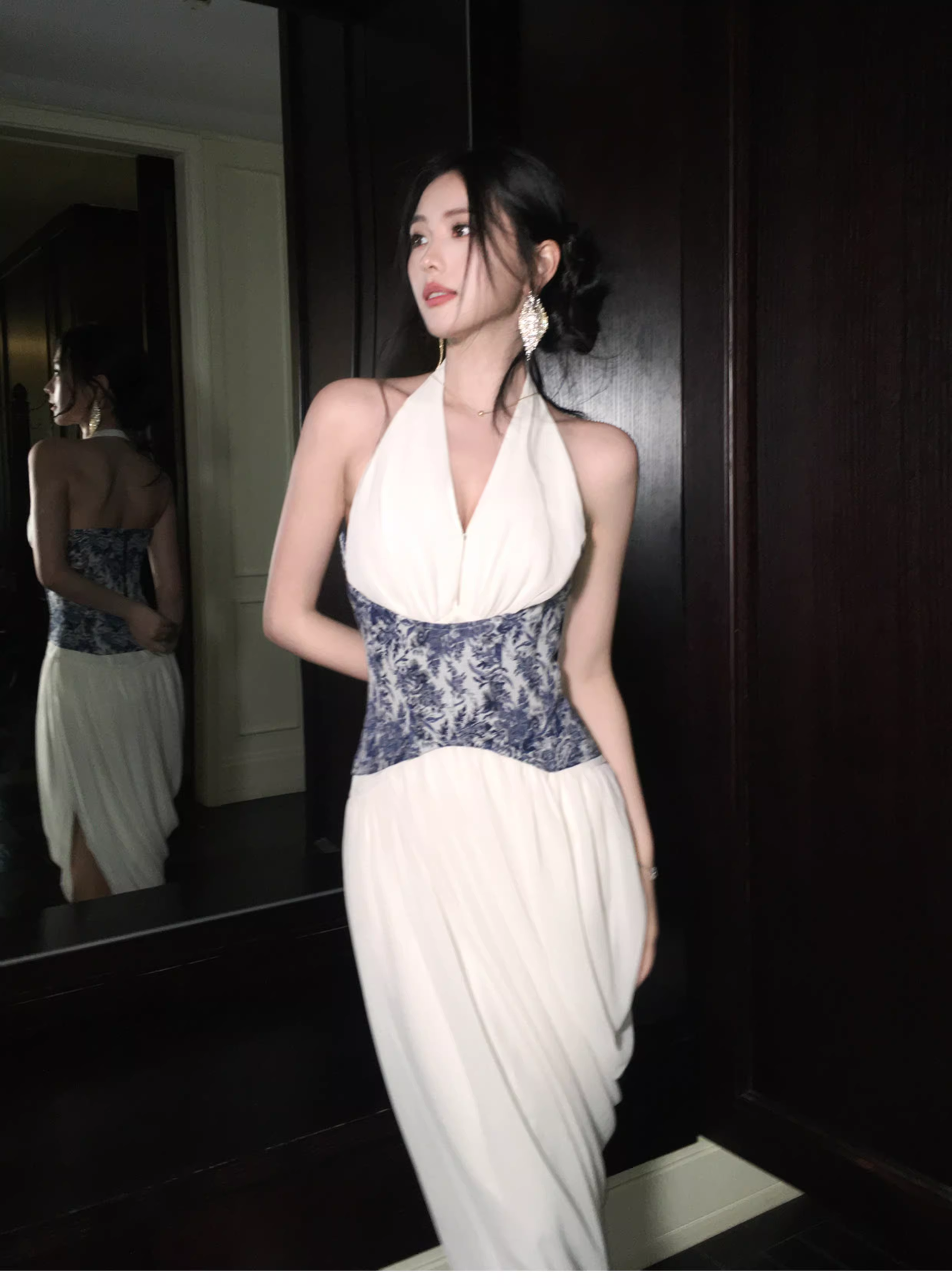 Unique Halter V Neck White Chiffon Pleated Long Prom Dress Birthday Evening Dress