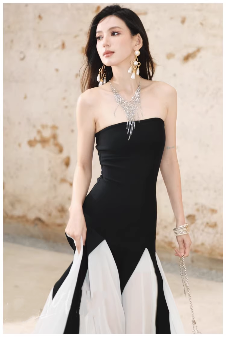 Pretty Strapless Satin Chiffon Mermaid Long Evening Dress Formal 17th Birthday Outfits