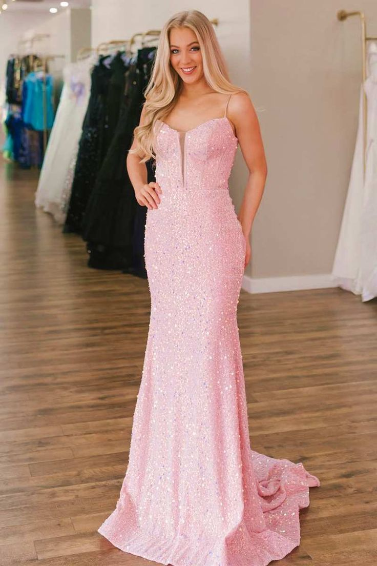 Royal Blue Sequin Split Neck Mermaid Long Prom Dress