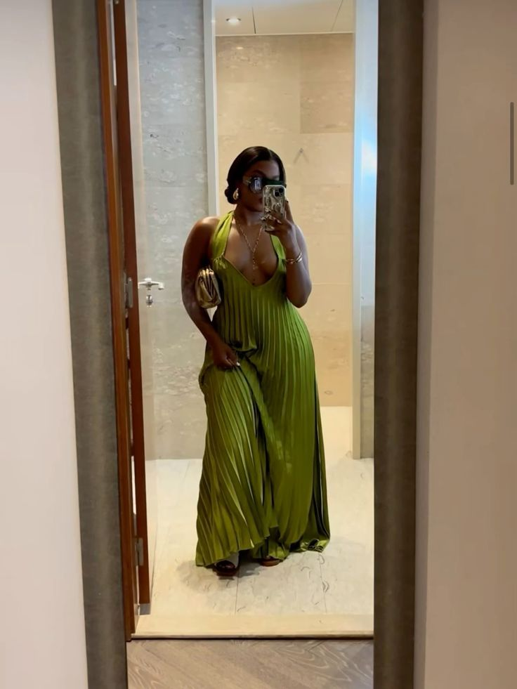 Unique Halter V Neck Pleated Floor Length Green Prom Dress,Party Evening Dress