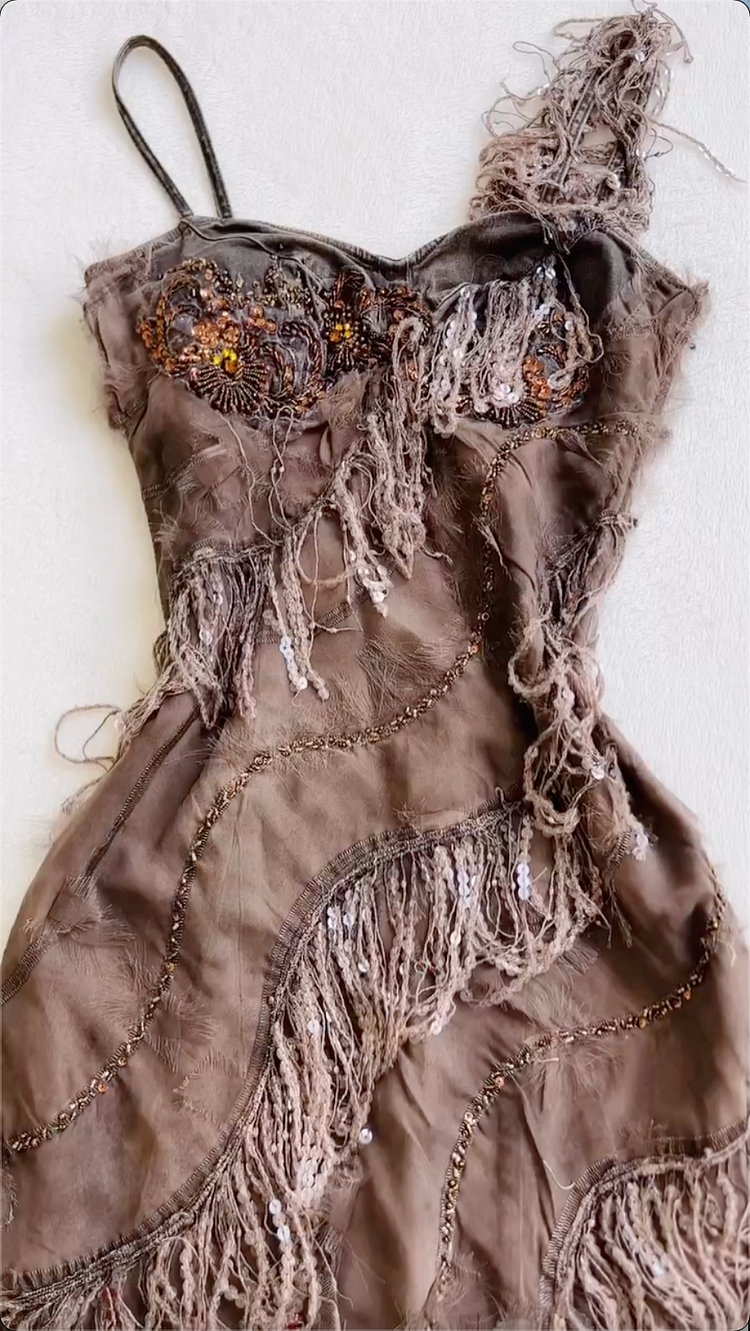 Vintage Brown Sequin Beaded Evening Dress,Formal Mermaid Prom Dress