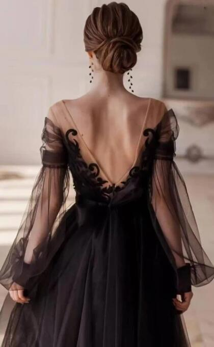Elegant Black Off-shoulder Tulle Lace Top A-line Ankle-length Prom Dress
