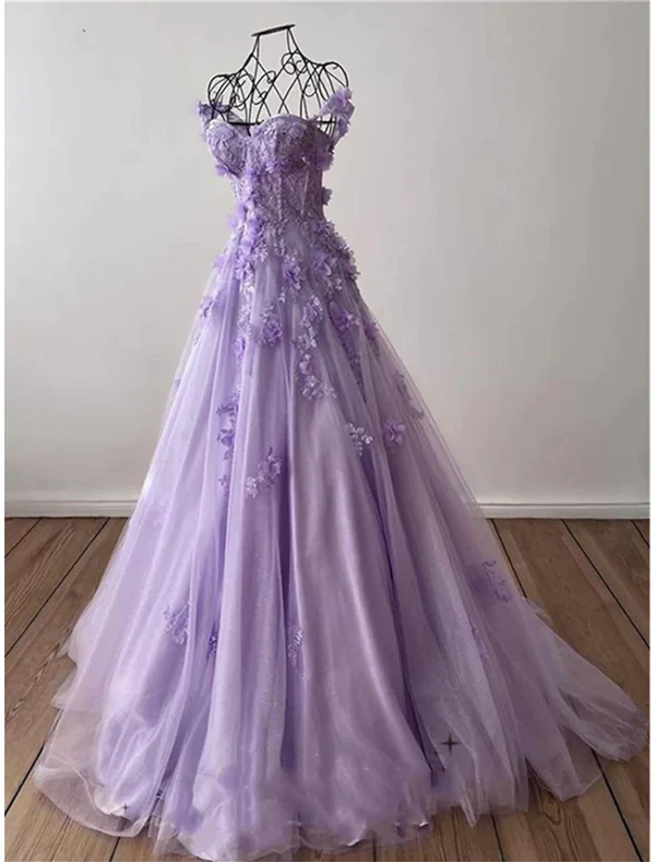 Retro Pink Off Shoulder Tulle Floral Party Dress Tulle Prom Dress Evening Dress