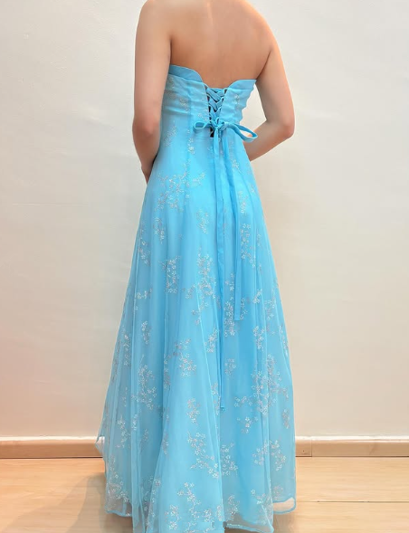 Chic Strapless Blue A Line Tulle Sequins Party Dress,Formal Prom Evening Dress