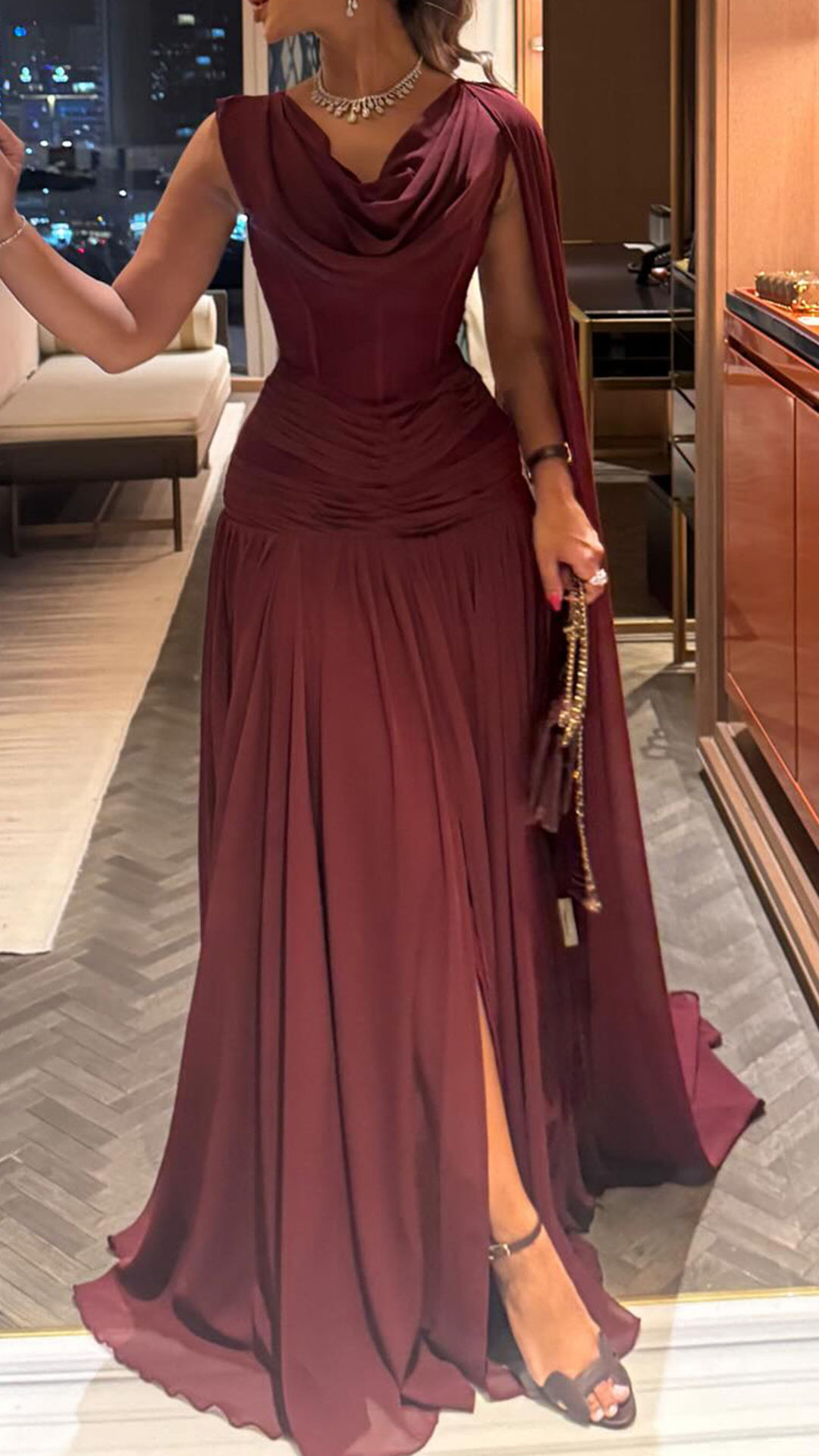 Classy Burgundy Chiffon Slit Mermaid Long Wedding Guest Dress Birthday Evening Dress