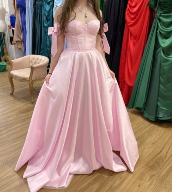 Pink Satin A-Line Long Prom Dress,Pink Graduation Dress