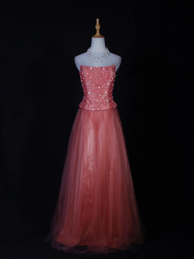 Sweet Strapless Tulle Beaded A Line Long Wedding Guest Dress Formal Birthday Evening Dress