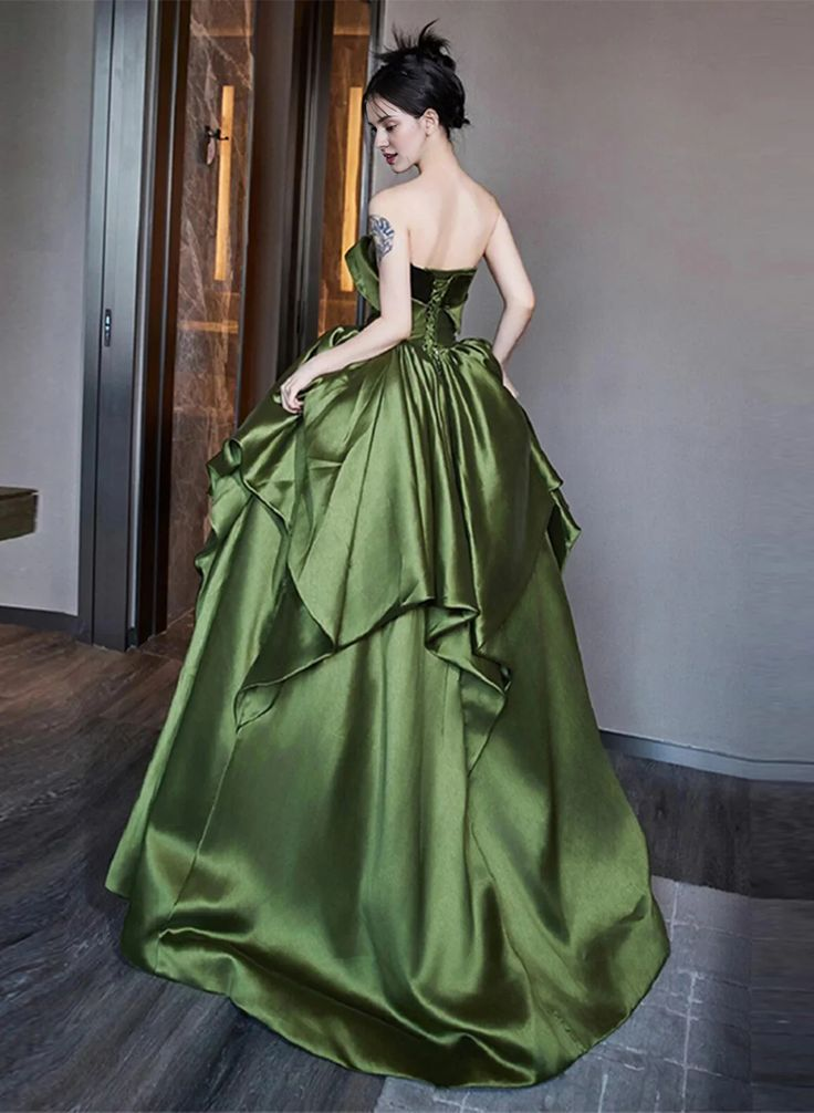 Classy Off The Shoulder Layered Pleated Ball Gown,Green A Line Prom Dress