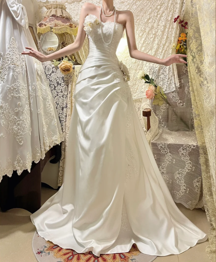 Pretty White Strapless Satin Pleated Appliques Mermaid Long Wedding Guest Dress Party Dress