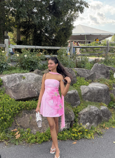 Classy Pink Strapless Satin Printed Floral Short Party Dress Formal Birthday Dress Homecoming Dress With Ribbon