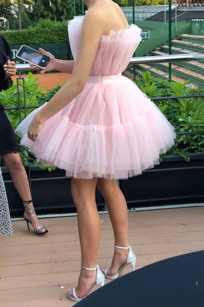 Strapless Pink Tulle Short Homecoming Dress, Princess Sleeveless Party Dress