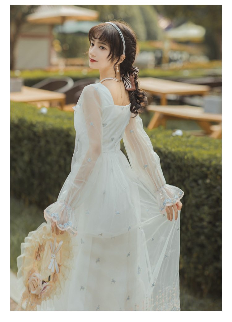 White Mesh Fairy Dress Woman French Vintage Embroidery Floral Flare Sleeve Princess Prom Dresses