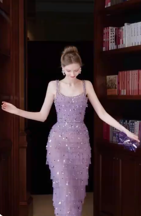 Gorgeous Lilac Sequins Evening Dress,Long Tulle Layered Prom Gown