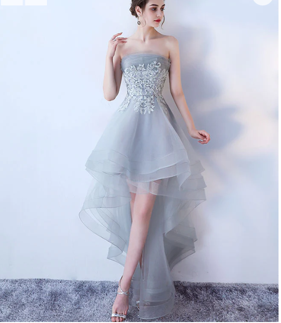 Gray tulle lace high low prom dress, cute homecoming dress