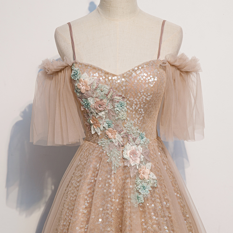 Champagne sequins tulle prom dress formal dress