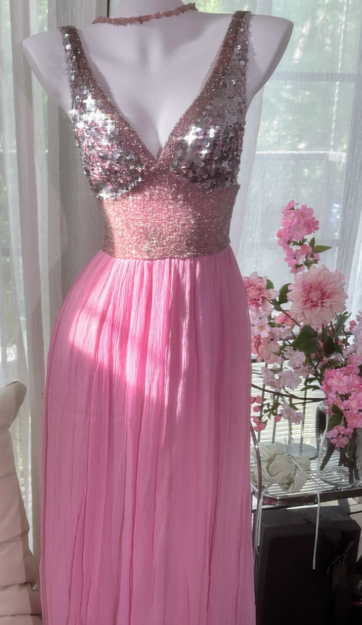Pretty Pink V Neck Sequin Chiffon A Line Long Wedding Guest Dress Formal Party Dress Prom Dresses