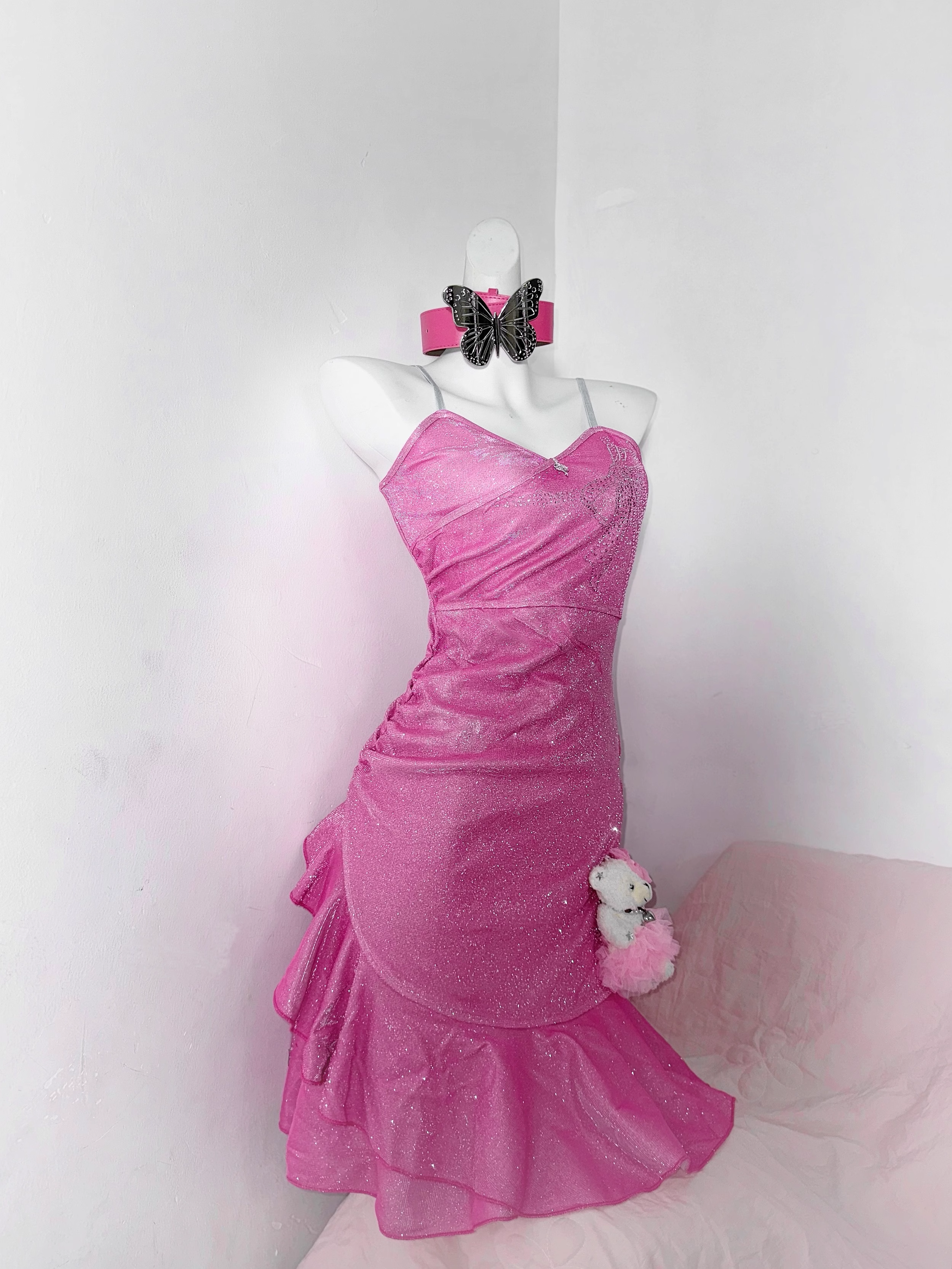 Elegant Spaghetti Straps Hot Pink Ruffles Short Party Dress Homecoming Dress