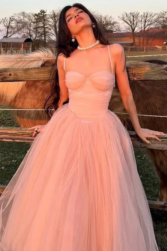 Elegant Pink Spaghetti Straps Tulle A Line Long Party Dress Wedding Guest Dress