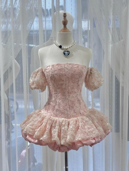 Cute Pink Strapless Lace Satin A Line Short Homecoming Dress 21st Birthday Party Dress