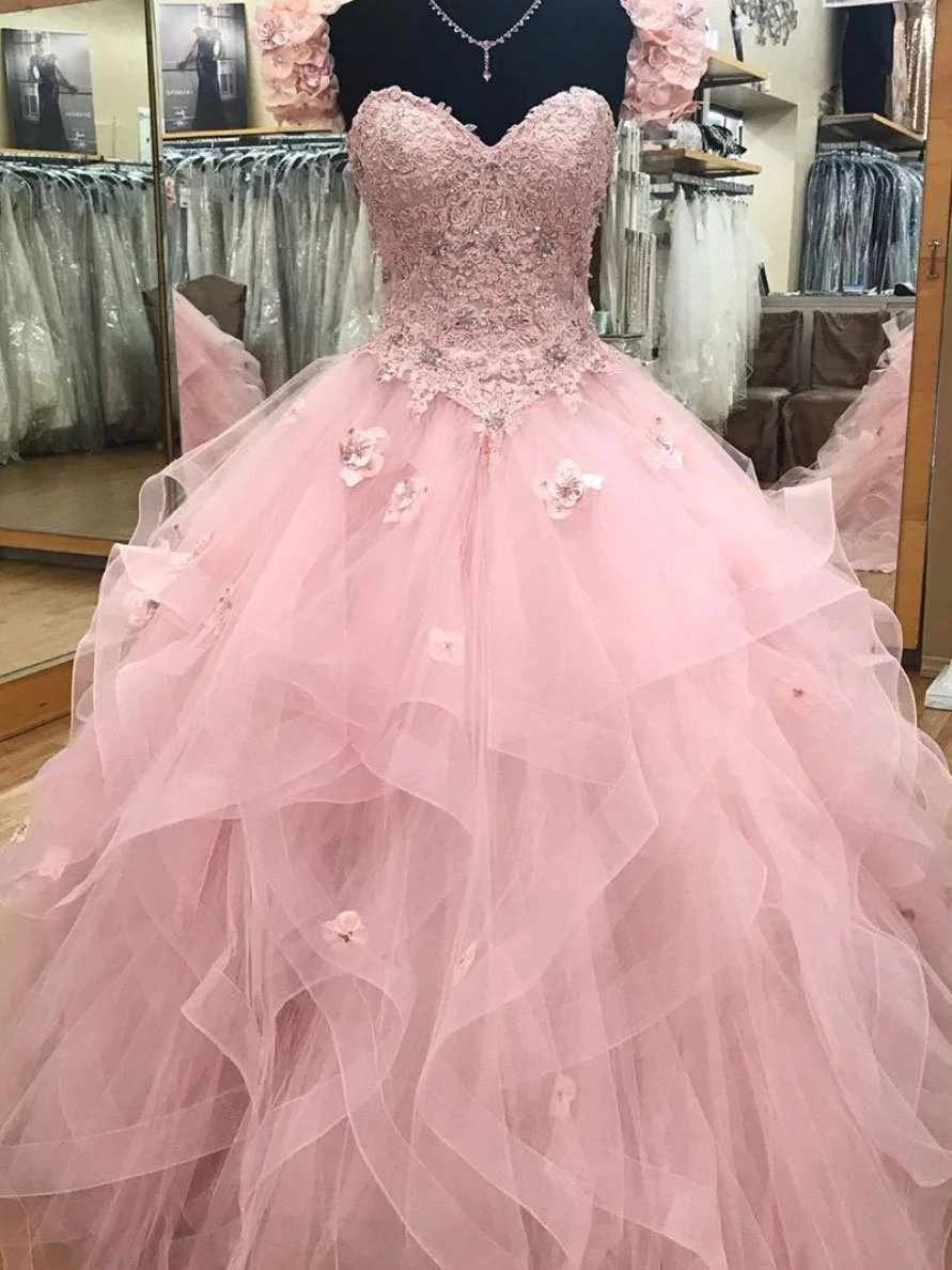 Pink Sweetheart neck tulle lace long prom dress, sweet 16 dress