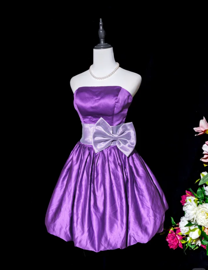Fashion Purple Strapless Satin A Line Short Graduation Homecoming Dress Birthday Dress With Bow
