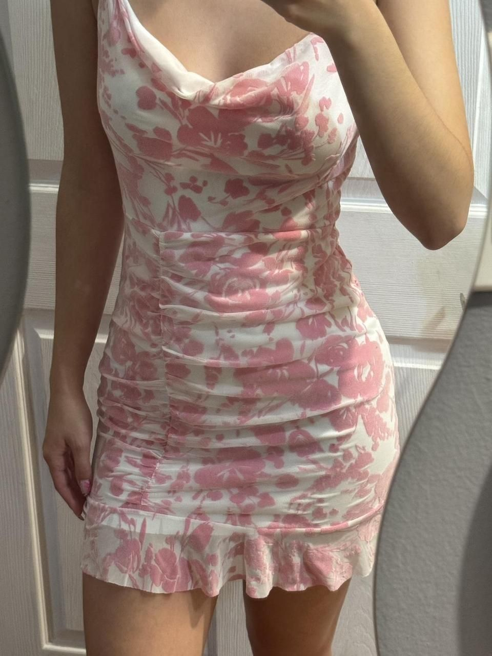Charming Pink Chiffon Print Floral Ruffles Short Birthday Outfits Formal 8th Grade Homecoming Dress