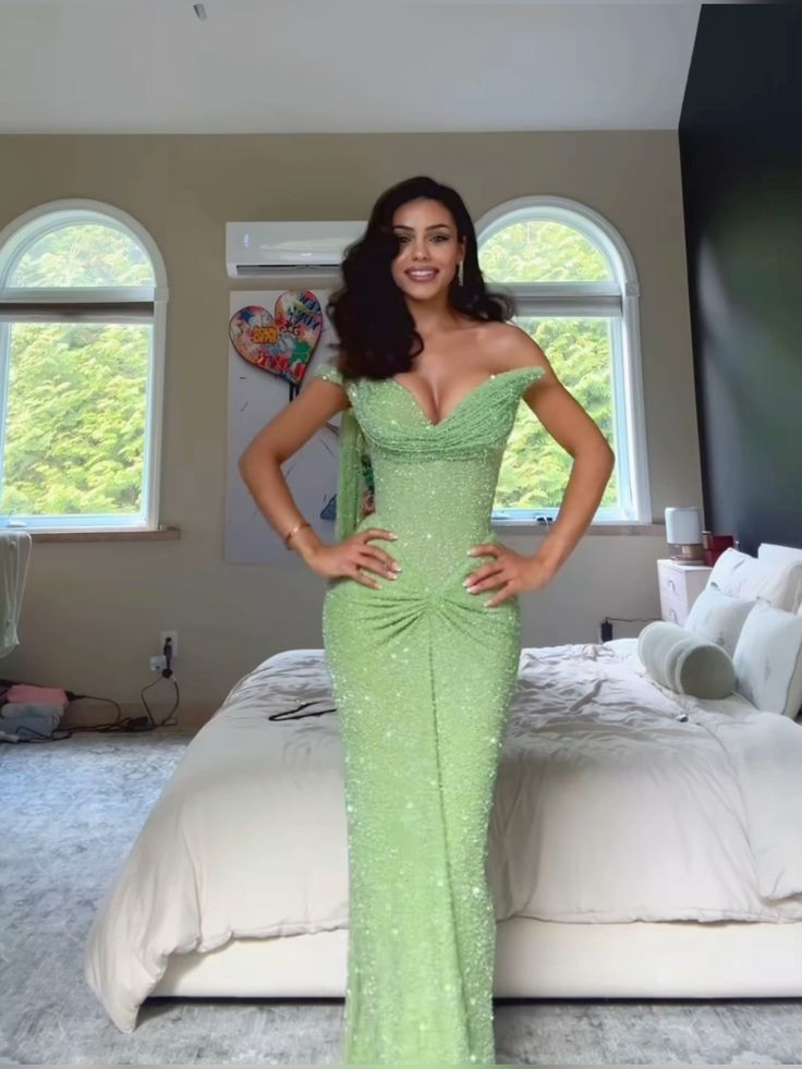 Glitter Mint Green Sequin One Shoulder Mermaid Prom Dress Side Slit Long Party Dress