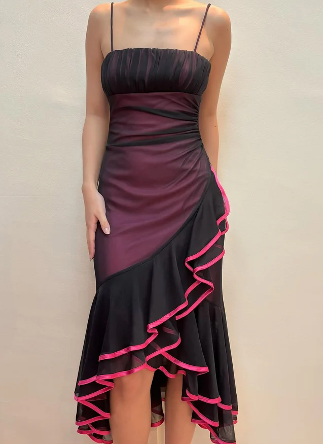 Vintage Straps Mermaid Ruffle Prom Dress Unique Chiffon Party Evening Gown