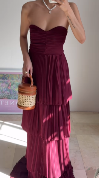 Vintage Burgundy Strapless Chiffon Layered A Line Prom Evening Dress,Long Party Dress