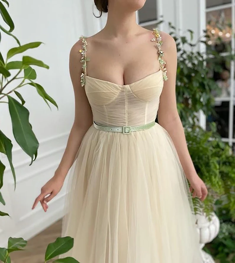 Beige Fairy Tulle Prom Dress Beads Straps Fairy Prom Gown, Handmade Tea-length A-Line Tulle Ball Gown Wedding Dress