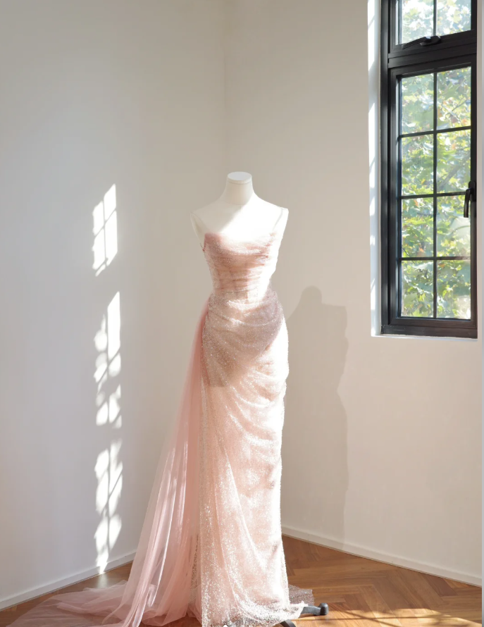 Glitter Pink Strapless Sequin Pleated Mermaid Long Wedding Guest Dress Formal Birthday Evening Dress