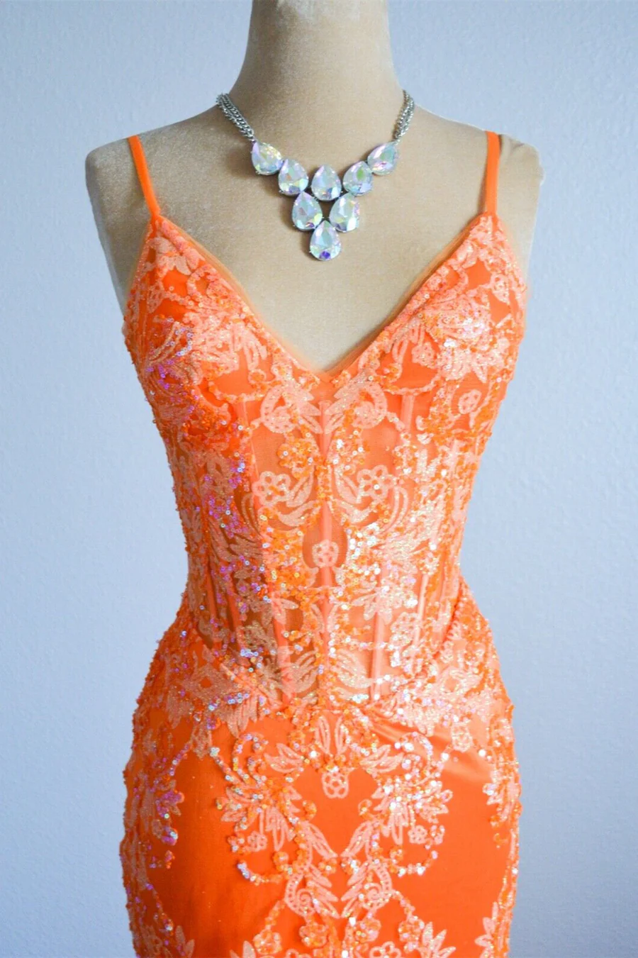Orange Mermaid Spaghetti Straps Sequins Applique Long Prom Dress