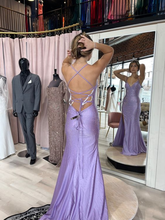 Charming Mermaid Straps Slit Beaded Backless Lilac Prom Dress