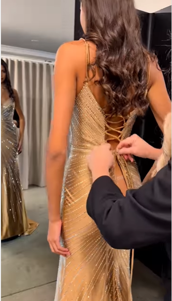 Elegant Spaghetti Straps Brown Satin Beaded Slit Mermaid Evening Dress Long Birthday Party Dress