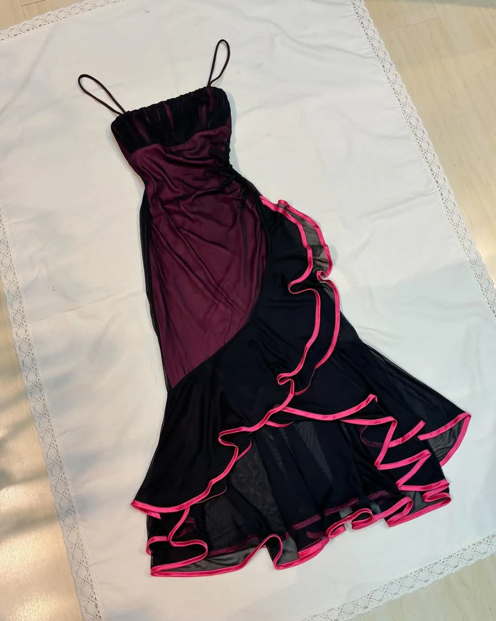 Vintage Straps Mermaid Ruffle Prom Dress Unique Chiffon Party Evening Gown