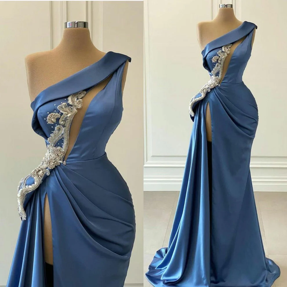 Blue Sexy Arabic Evening Gowns Robes Customize Party Dress Mermaid One Shoulder High Side Split Satin Beads Prom Dresses