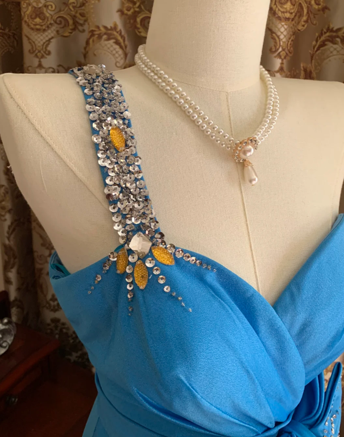 Vintage One Shoulder Blue Satin Beaded Long Wedding Guest Dress Birthday Party Dress With Bow