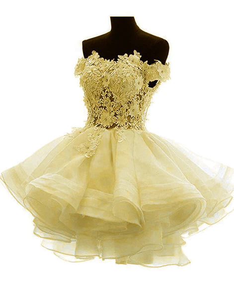 White sweetheart lace applique short cute white homecoming dress Off Shoulder Organza Short Lace Applique Teen Formal Dress