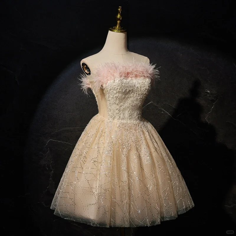Cute Feathers Strapless Champagne Tulle A Line Short Homecoming Dress Birthday