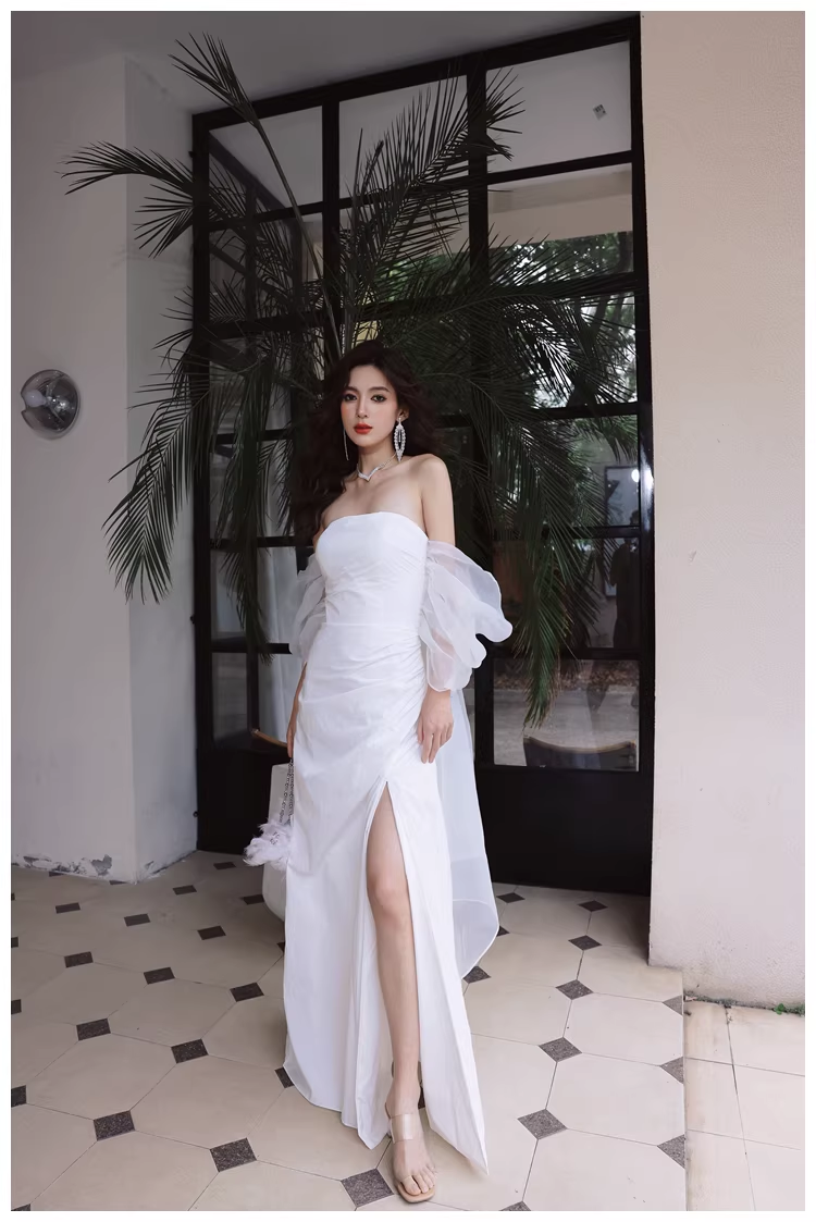 Classy Off The Shoulder White Satin Slit Mermaid Long Party Dress Birthday Evening Dress