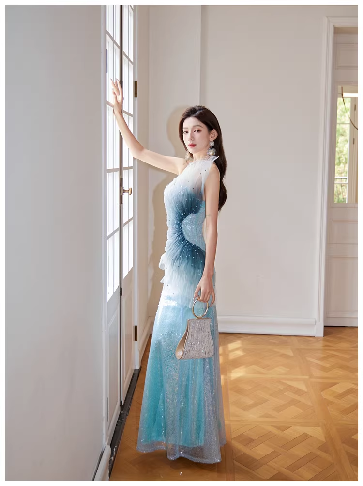 Glamorous Blue Tulle Sequin Mermaid Long Evening Dress Formal 19th Birthday Outfits With Beads